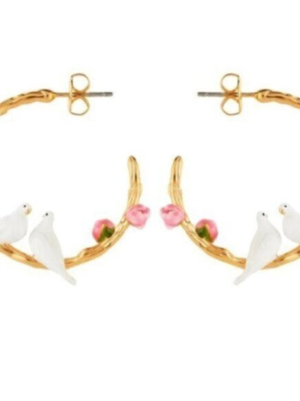 Les Nereides DOVE COUPLE AND SMALL PEONIES HOOP EARRINGS - Picture 3 of 6